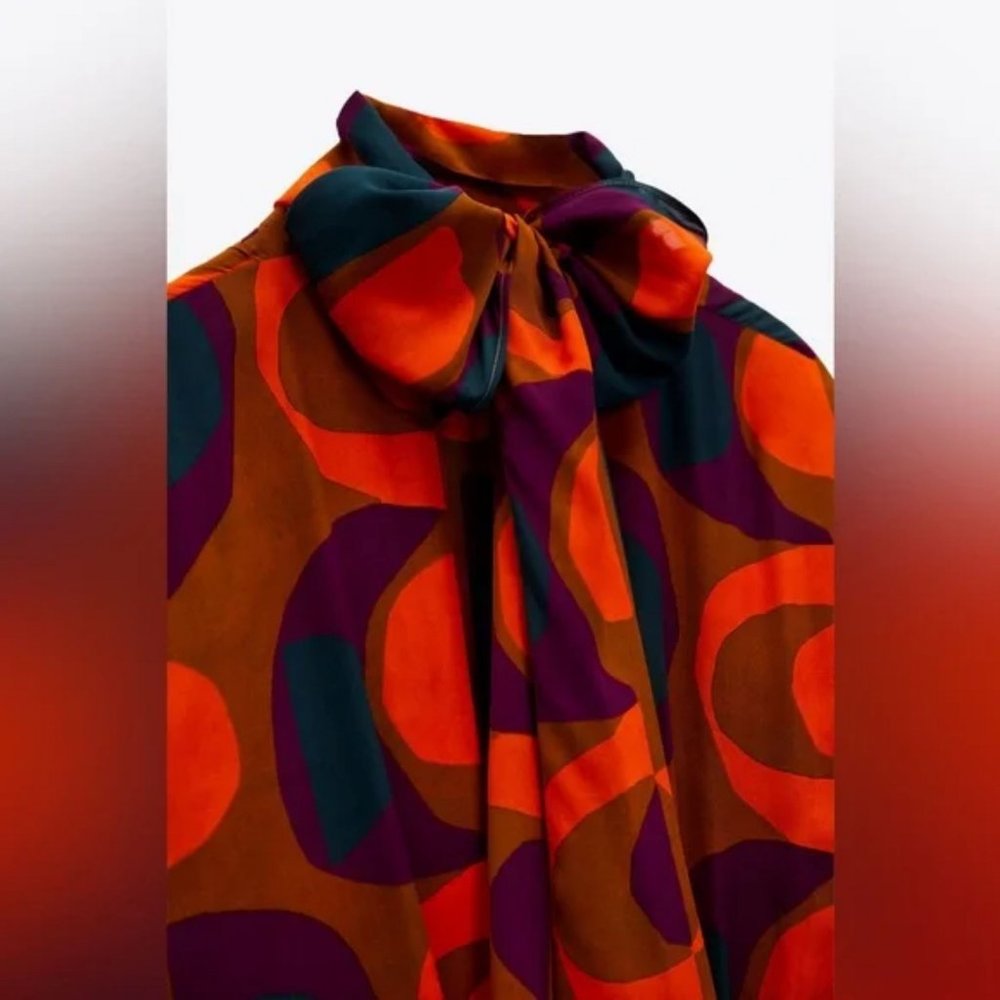 ZARA PRINT MIDI DRESS HIGH COLLAR SELF TIE - Picture 5 of 7